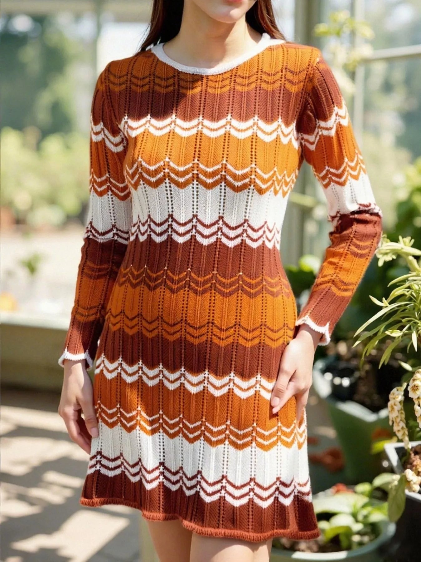 Openwork Wave Pattern Long Sleeve Sweater Dress Orange
