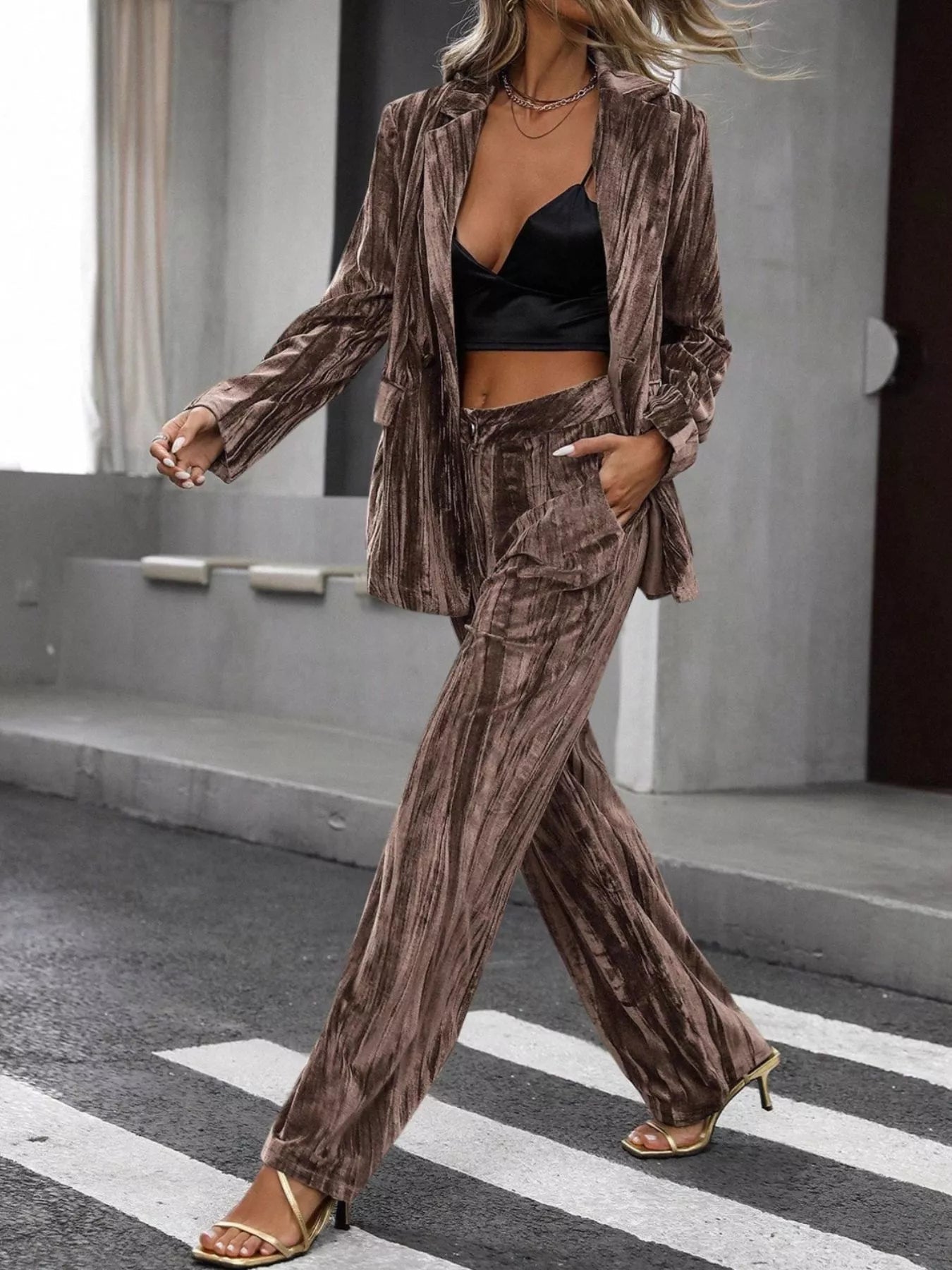 Lapel Collar Long Sleeve Blazer and Pants Set