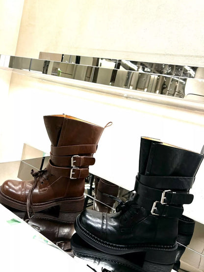 Buckled Leather Block Heel Boots