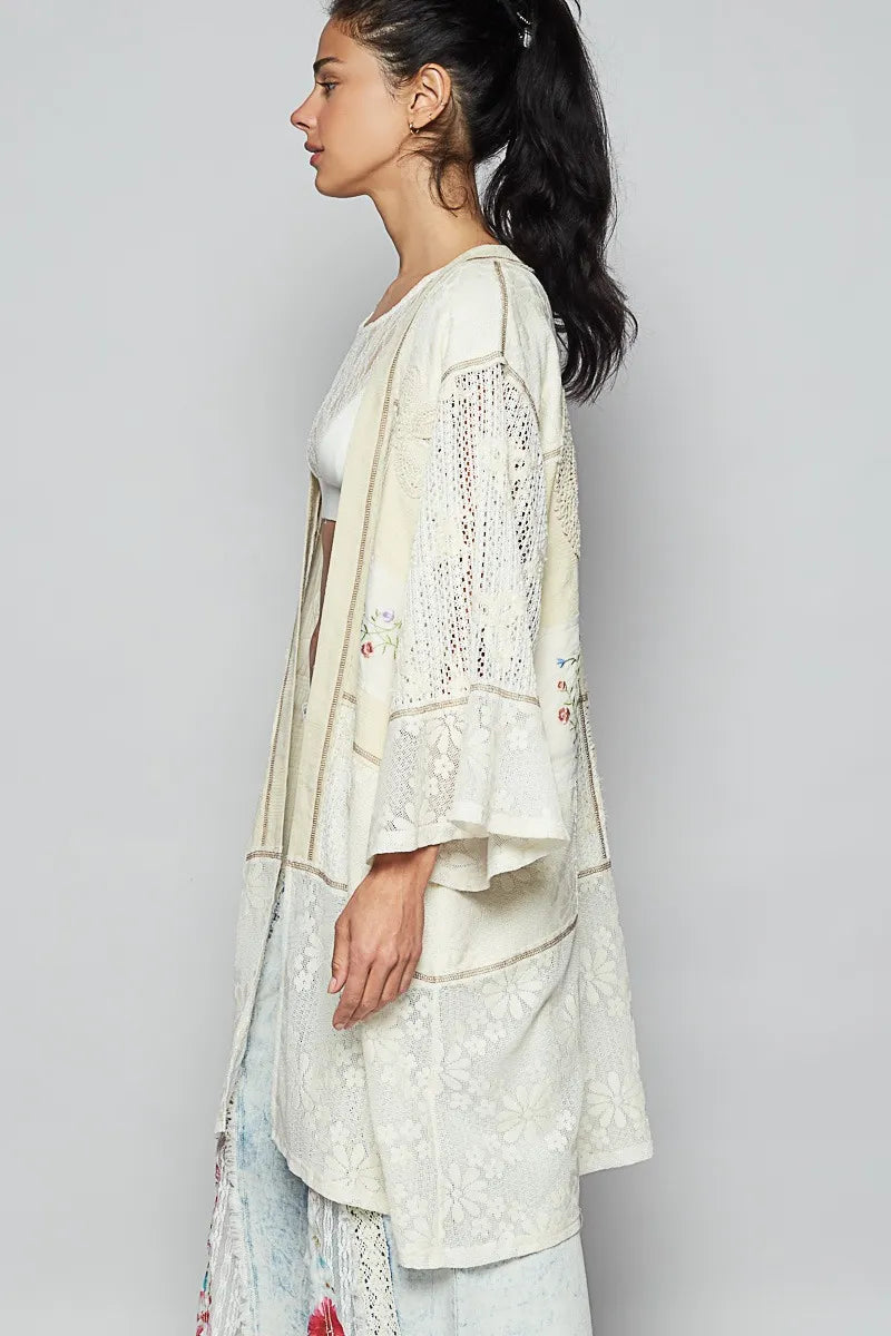 POL Double Gauze and Lace Mix Cardigan with Embroidered Detail