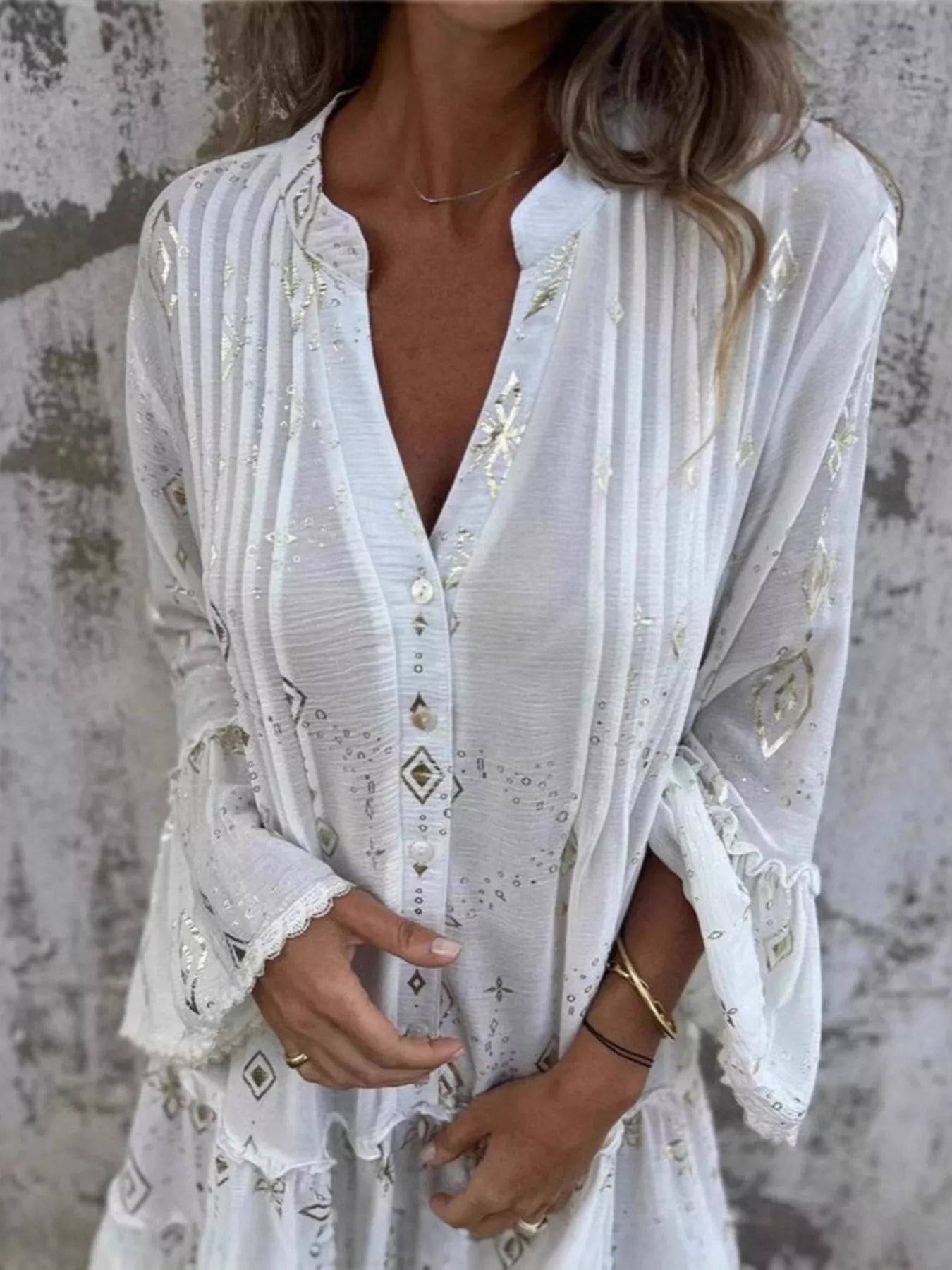 Full Size Printed Notched Flare Sleeve Dress Plus Size