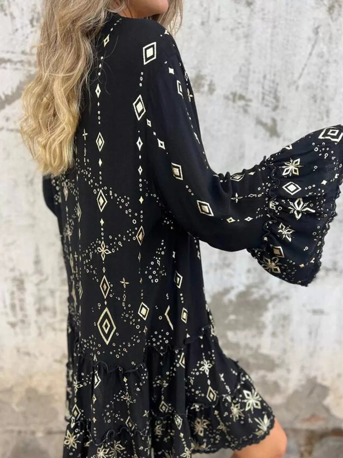 Full Size Printed Notched Flare Sleeve Dress Plus Size