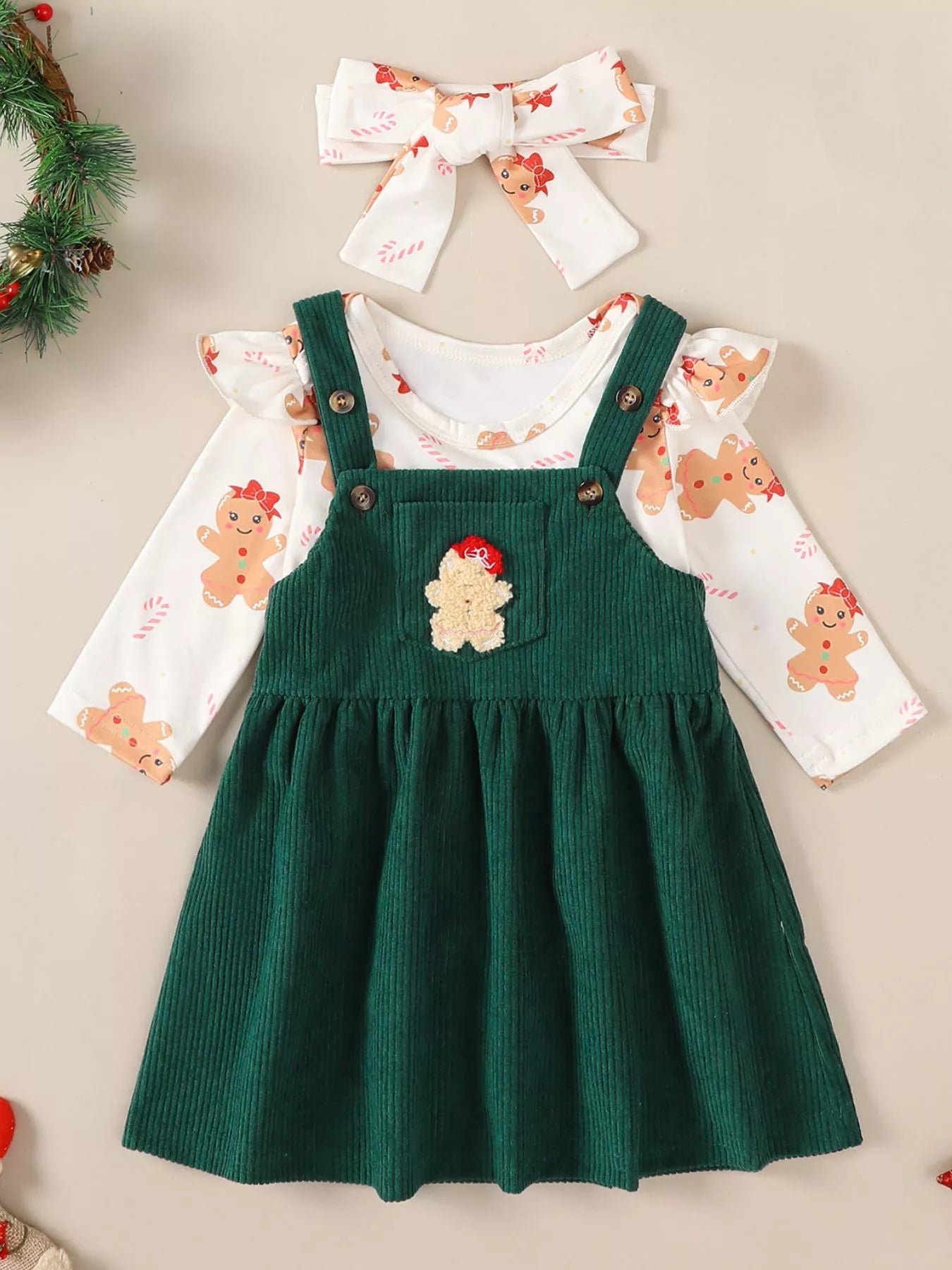 Children's Christmas Bodysuit and Overall Dress Set with Headband Dark Green