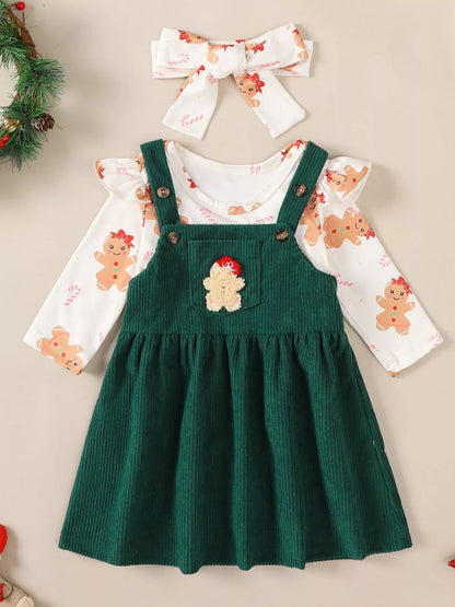 Children's Christmas Bodysuit and Overall Dress Set with Headband Dark Green