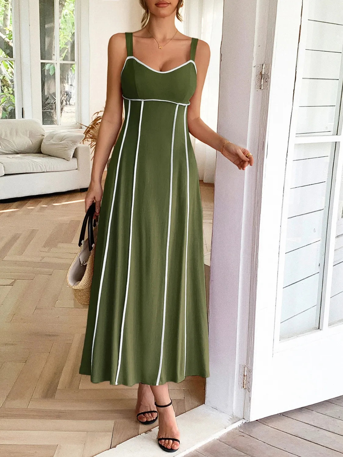 Contrast Wide Strap Midi Cami Dress Matcha Green