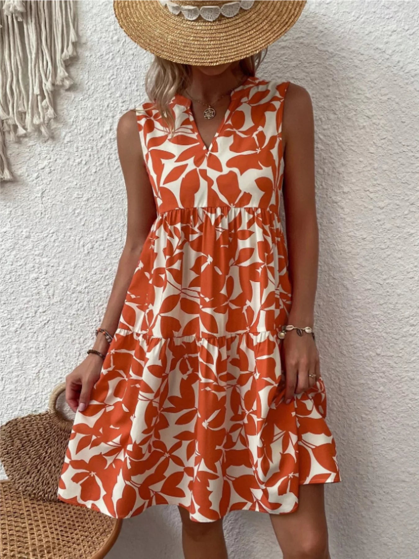 Full Size Printed Notched Sleeveless Mini Dress Plus Size Orange