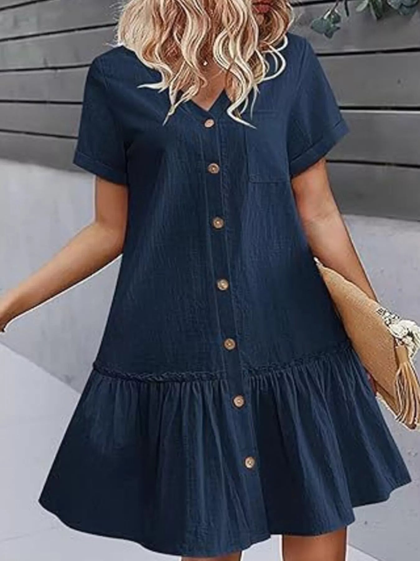 Full Size Button-Front Short Sleeve Tiered Dress Plus Size Dark Blue