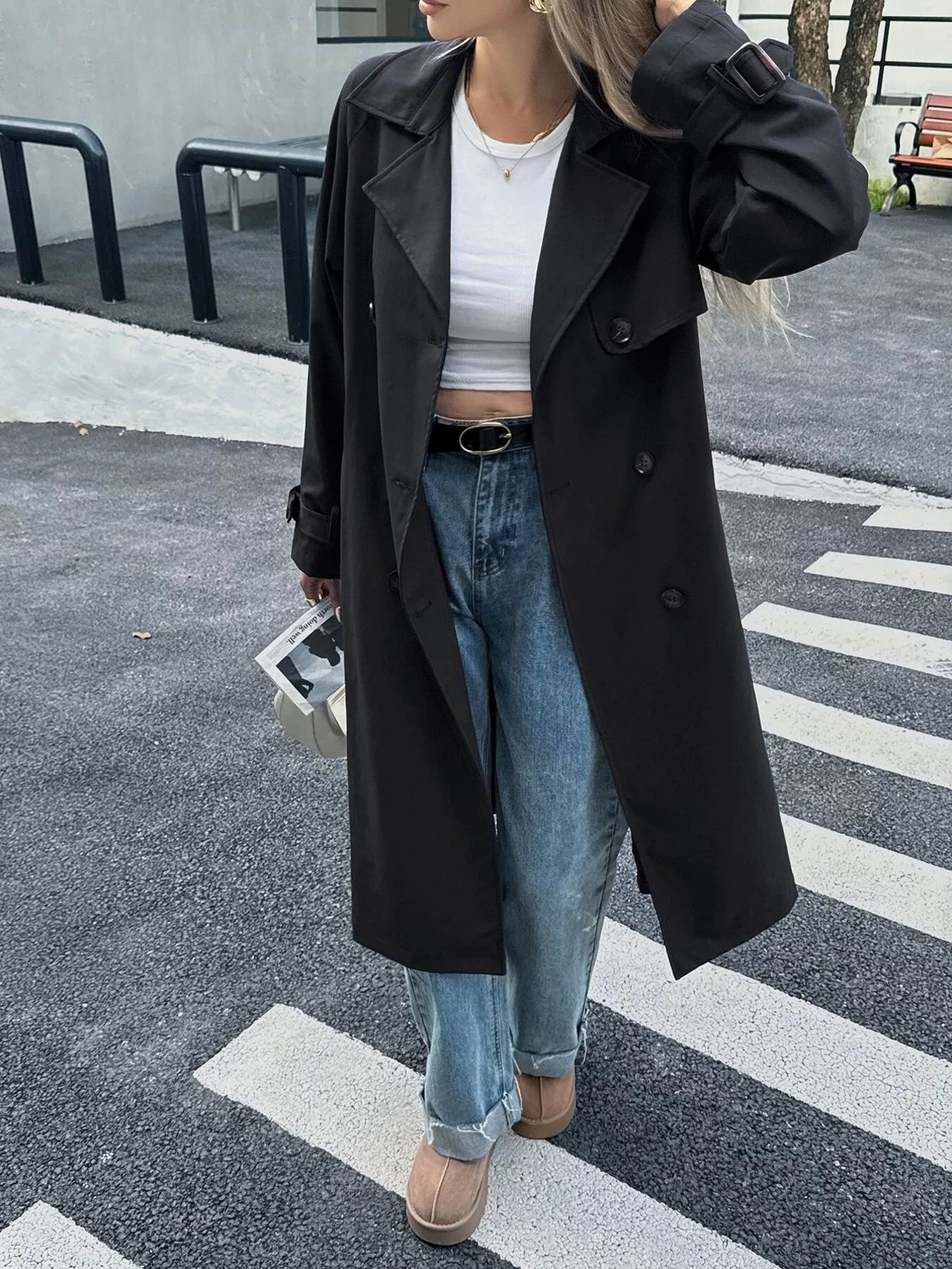 Double-Breasted Belted Trench Coat Black