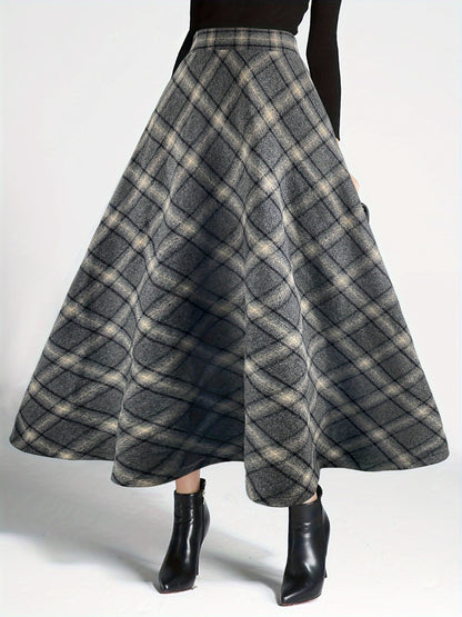 Plaid Elastic Waist Midi Skirt Dark Gray