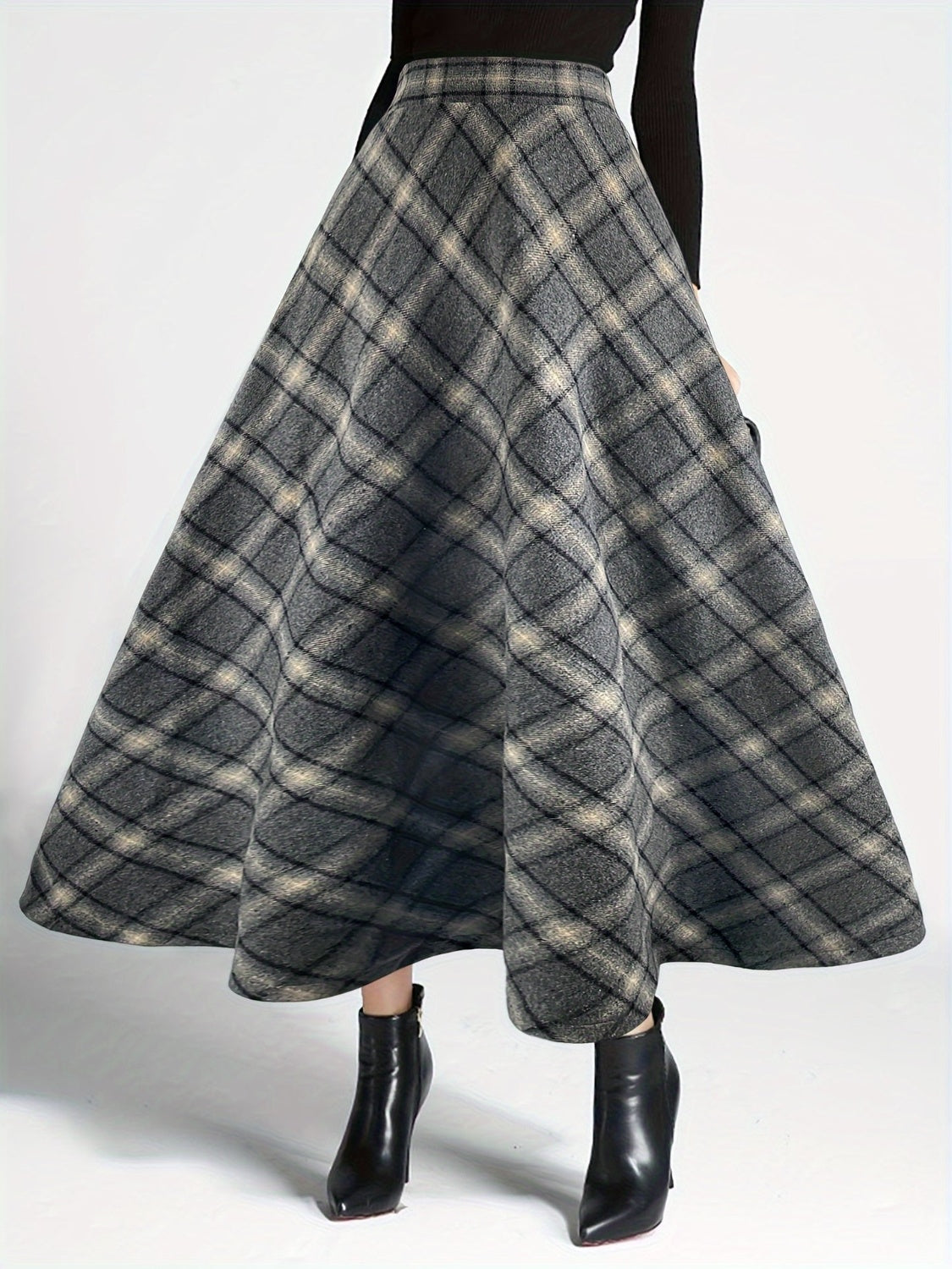 Plaid Elastic Waist Midi Skirt Dark Gray