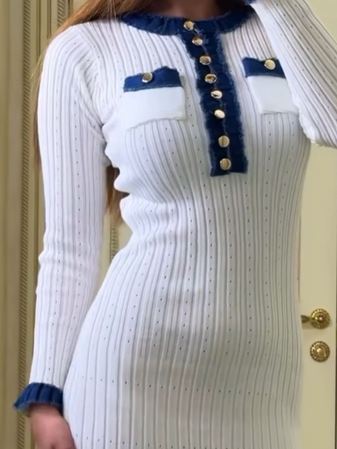 Contrast Trim Round Neck Long Sleeve Sweater Dress White One Size