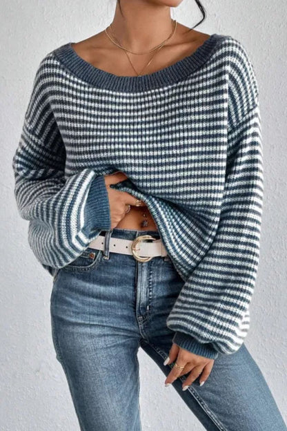 Striped Boat Neck Long Sleeve Sweater Blue