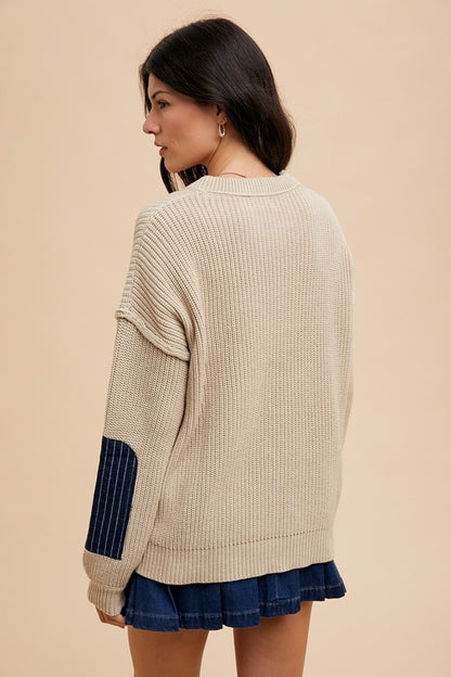 Back To School Sweater - Annie Wear Contrast Round Neck Drop Shoulder Sweater with Patch Pocket