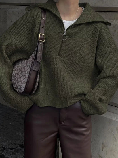 Half Zip Dropped Shoulder Sweater Army Green One Size