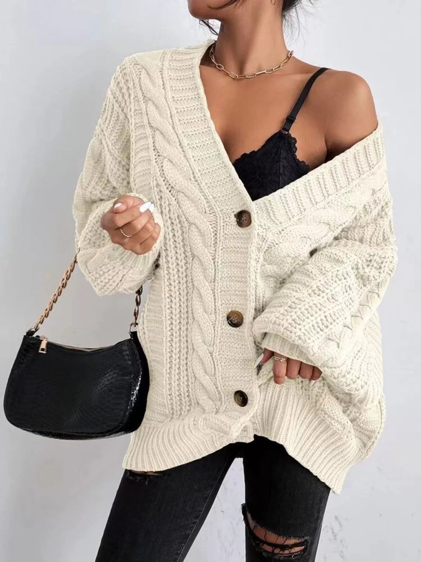 Chunky Knit Cable Knit Button-Up Cardigan