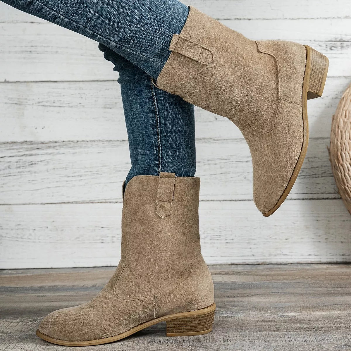 Suede Block Heel Western Boots Khaki
