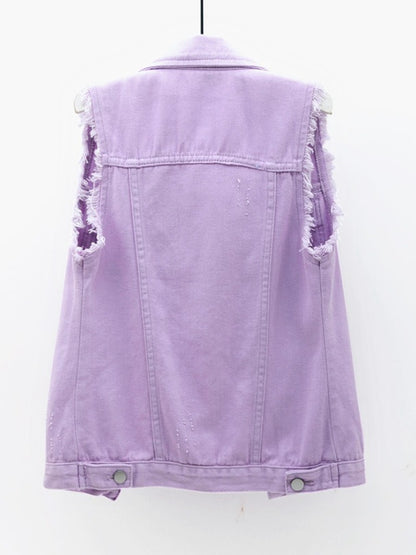 Full Size Button Down Raw Hem Sleeveless Denim Jacket Plus Size