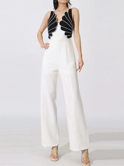 Contrast Sleeveless Wide-Leg Jumpsuit White