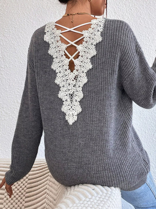 Lace-Trimmed Back V-Neck Sweater Gray
