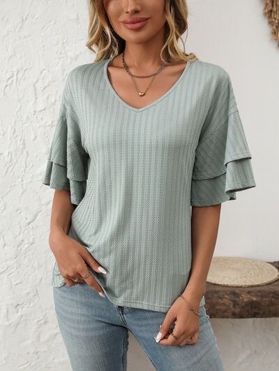 Mandy V-Neck Ruffle Half Sleeve Top Sage