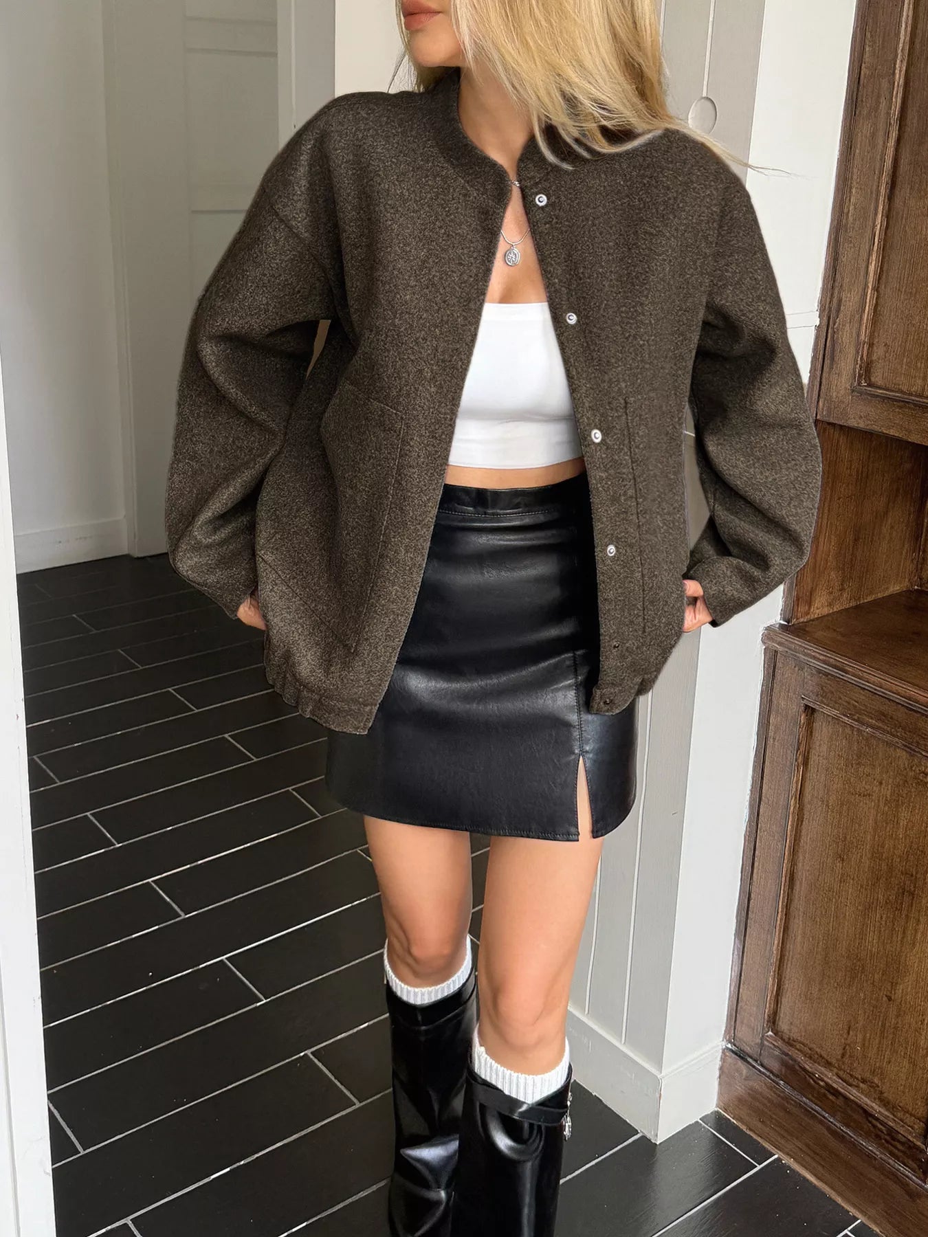 Snap Down Dropped Shoulder Jacket Brown