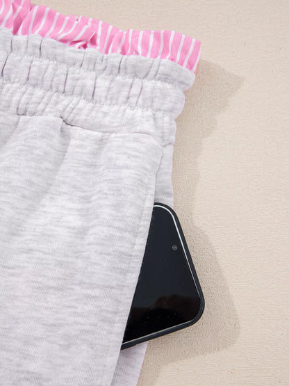 Contrasted Trim Frilled Collar Drop Shoulder Top and Drawstring Pant Set