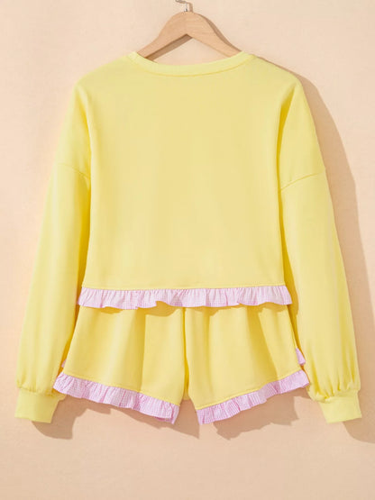 Contrast Frill Hem Round Neck Top and Shorts Set