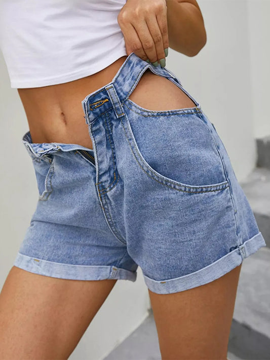 High-Waisted Cutout Denim Shorts Blue