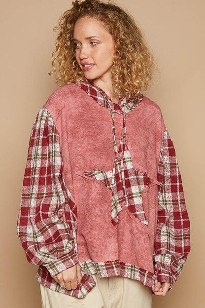 POL Star Patch Plaid Long Sleeve Hooded Top Redbean Multi