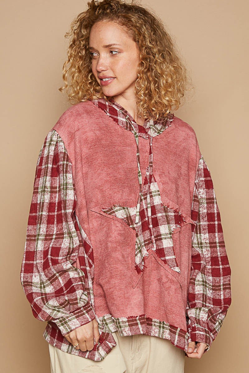 POL Star Patch Plaid Long Sleeve Hooded Top Redbean Multi