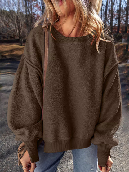 Round Neck Dropped Shoulder Sweatshirt Coffee Brown