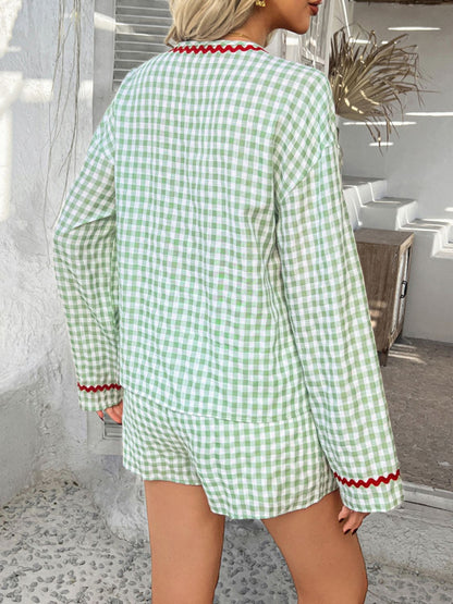 Devine Tie Front Contrast Plaid Shirt and Shorts Set
