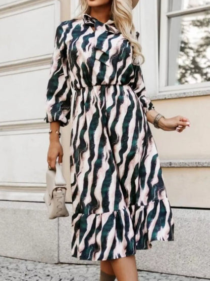 Ruffled Hem Striped Long Sleeve Dress