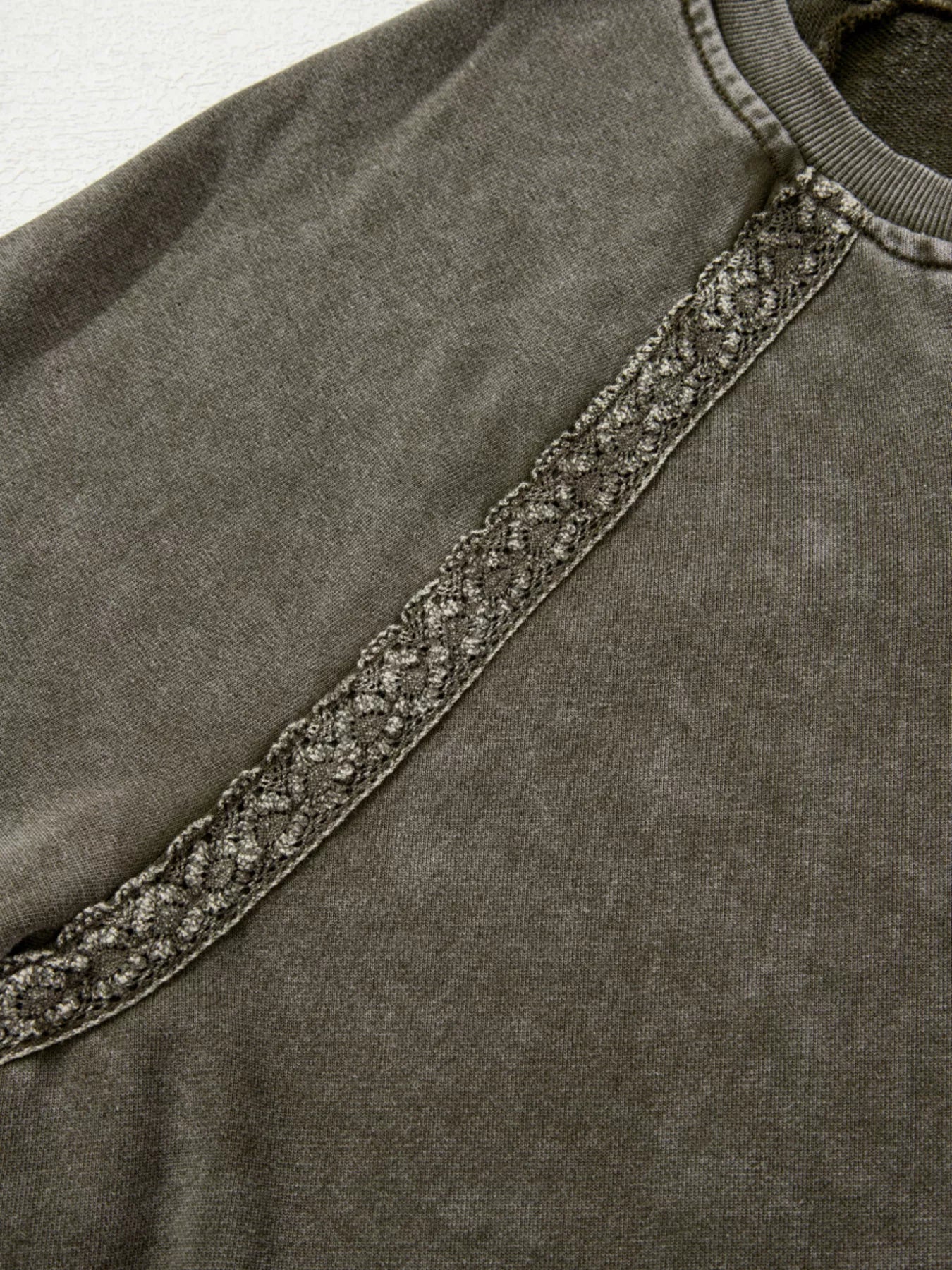Lace Patchwork Detail Notched Mineral Wash Sweatshirt