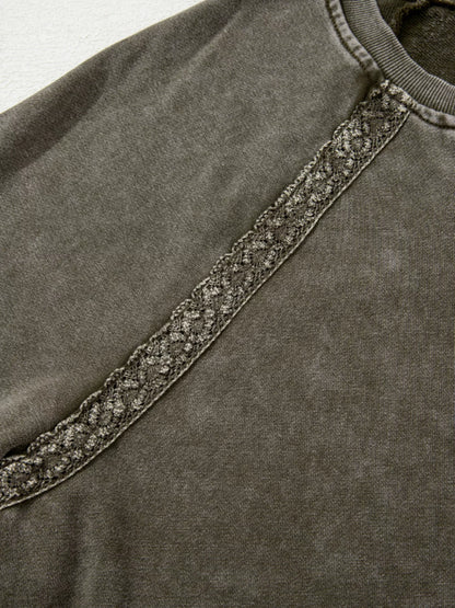 Lace Patchwork Detail Notched Mineral Wash Sweatshirt