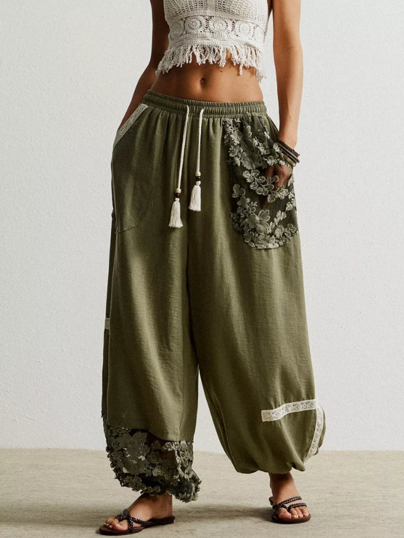 Lace Detail Drawstring Harem Pants