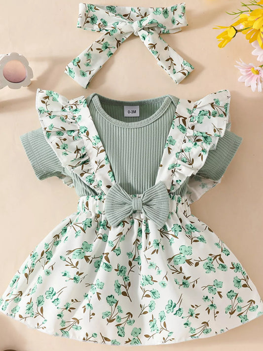 Children's Floral Print Ruffle Trim Baby Set with Headband Sage