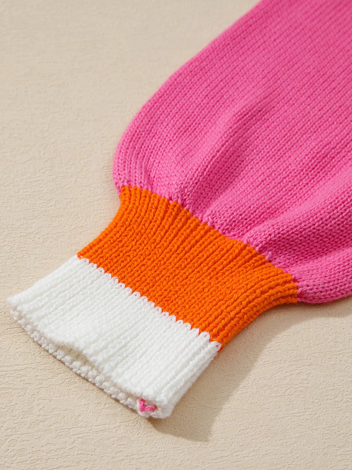 Contrast Crew Neck Pearled Decor Drop Shoulder Knit Sweater