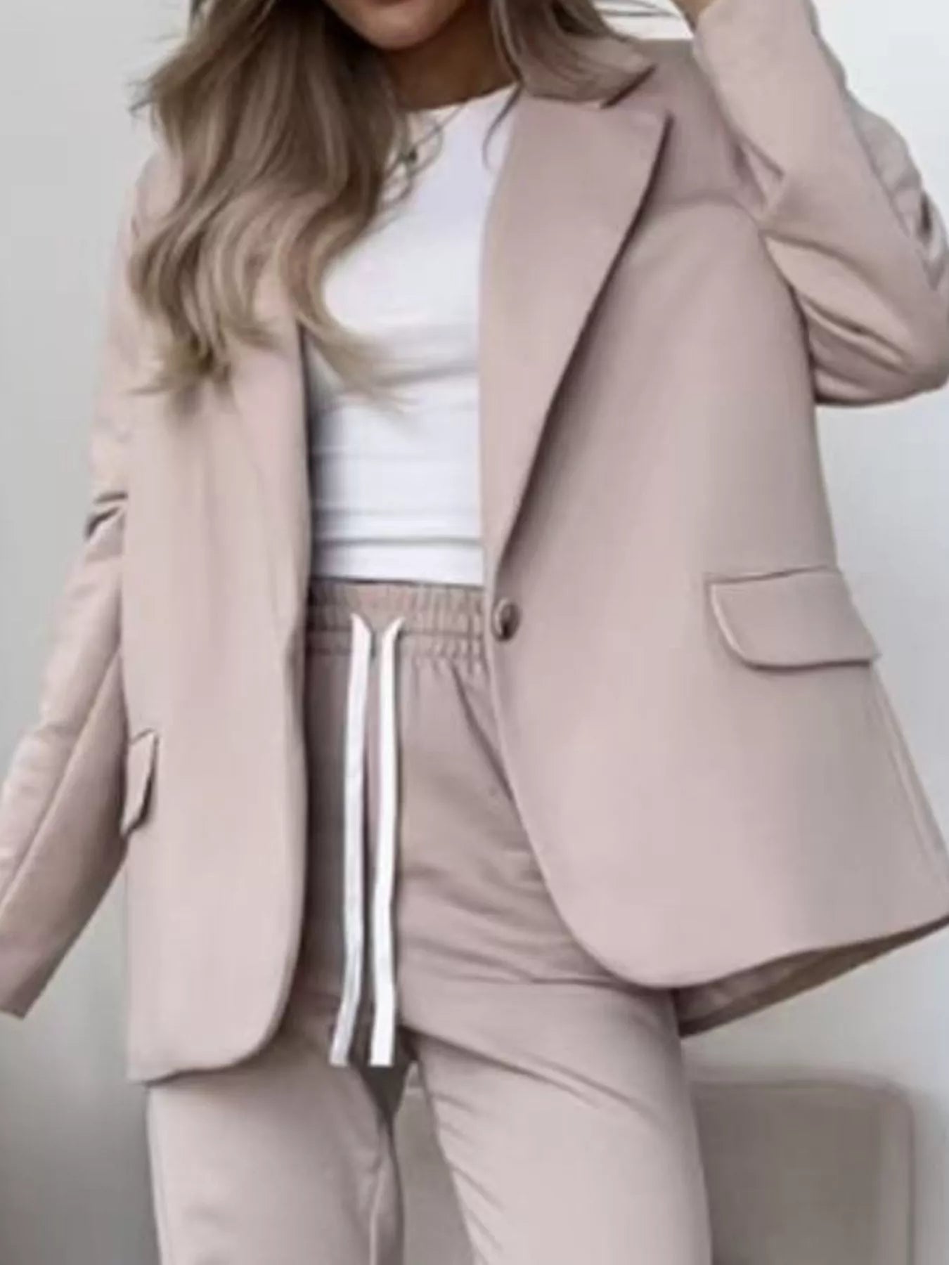 Lapel Collar One Button Blazer and Joggers Set