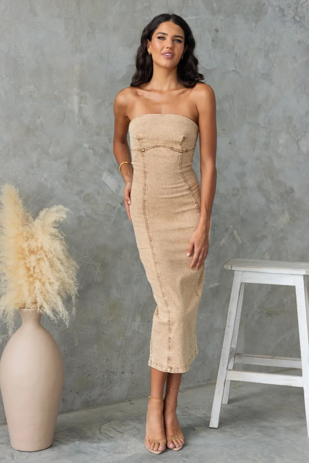 Washed Slit Back Tube Denim Dress