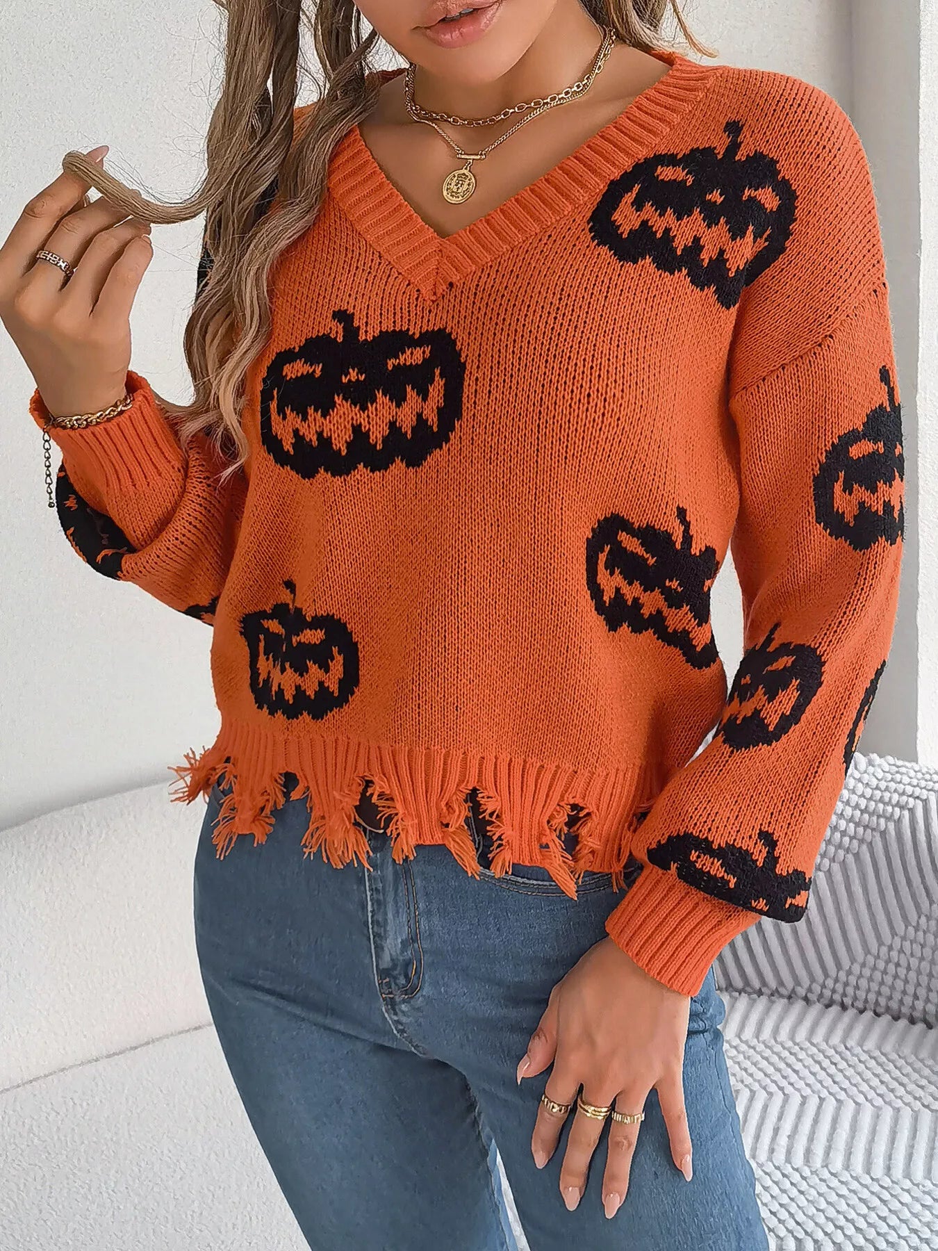 Halloween Pumpkin Pattern Raw Hem V-Neck Sweater