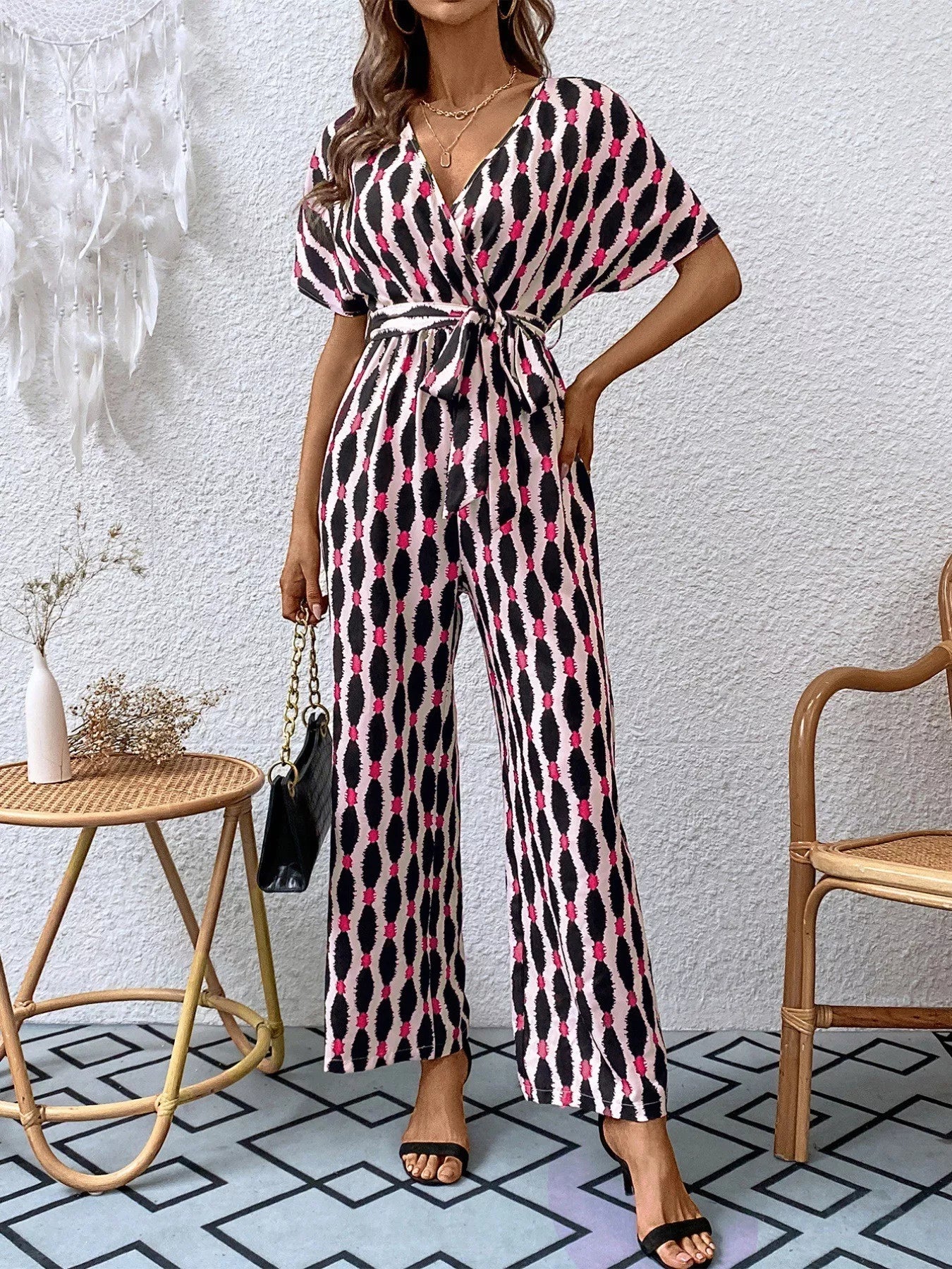 Printed Surplice Tie Waist Short Sleeve Jumpsuit