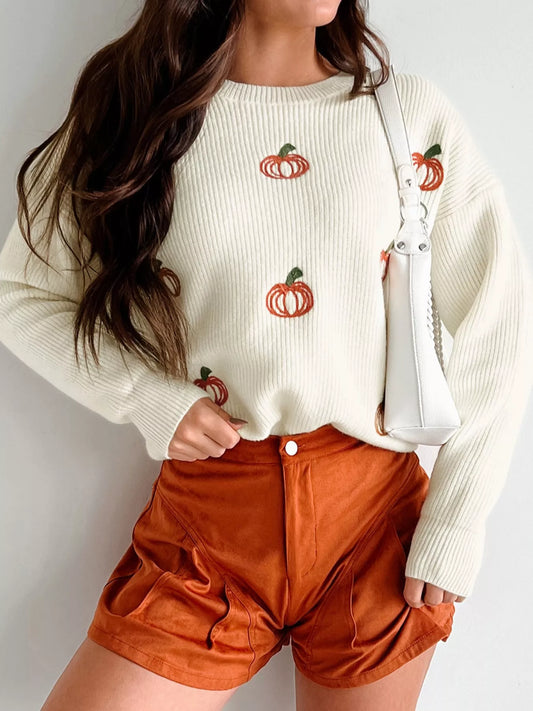 Halloween Pumpkin Embroidered Round Neck Long Sleeve Sweater Cream
