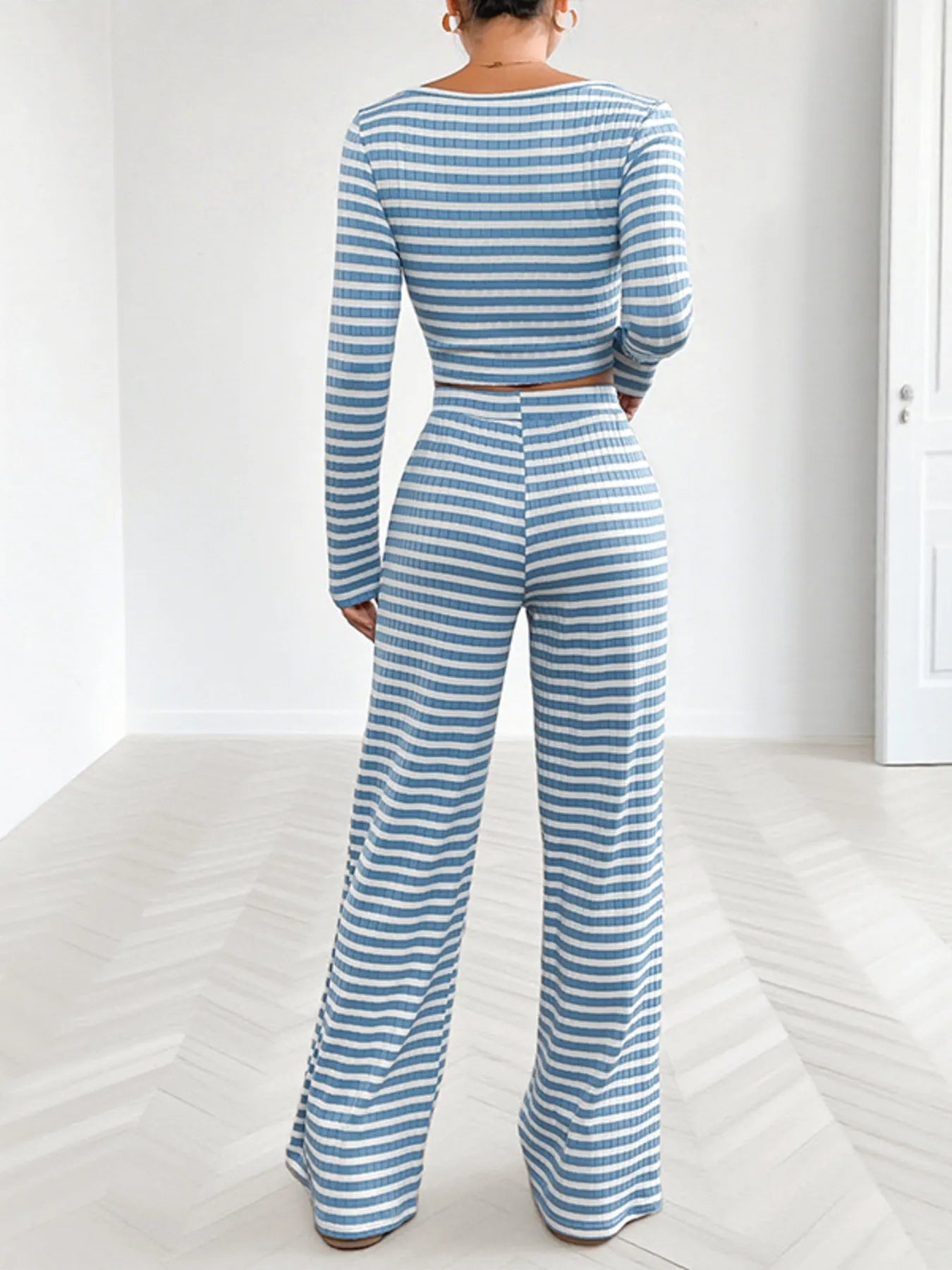 Striped Square Neck Long Sleeve Top and Pants Lounge Set