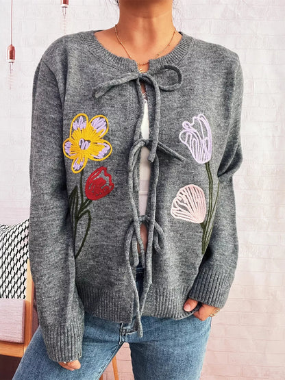 Floral Ribbed Hem Tie Front Cardigan