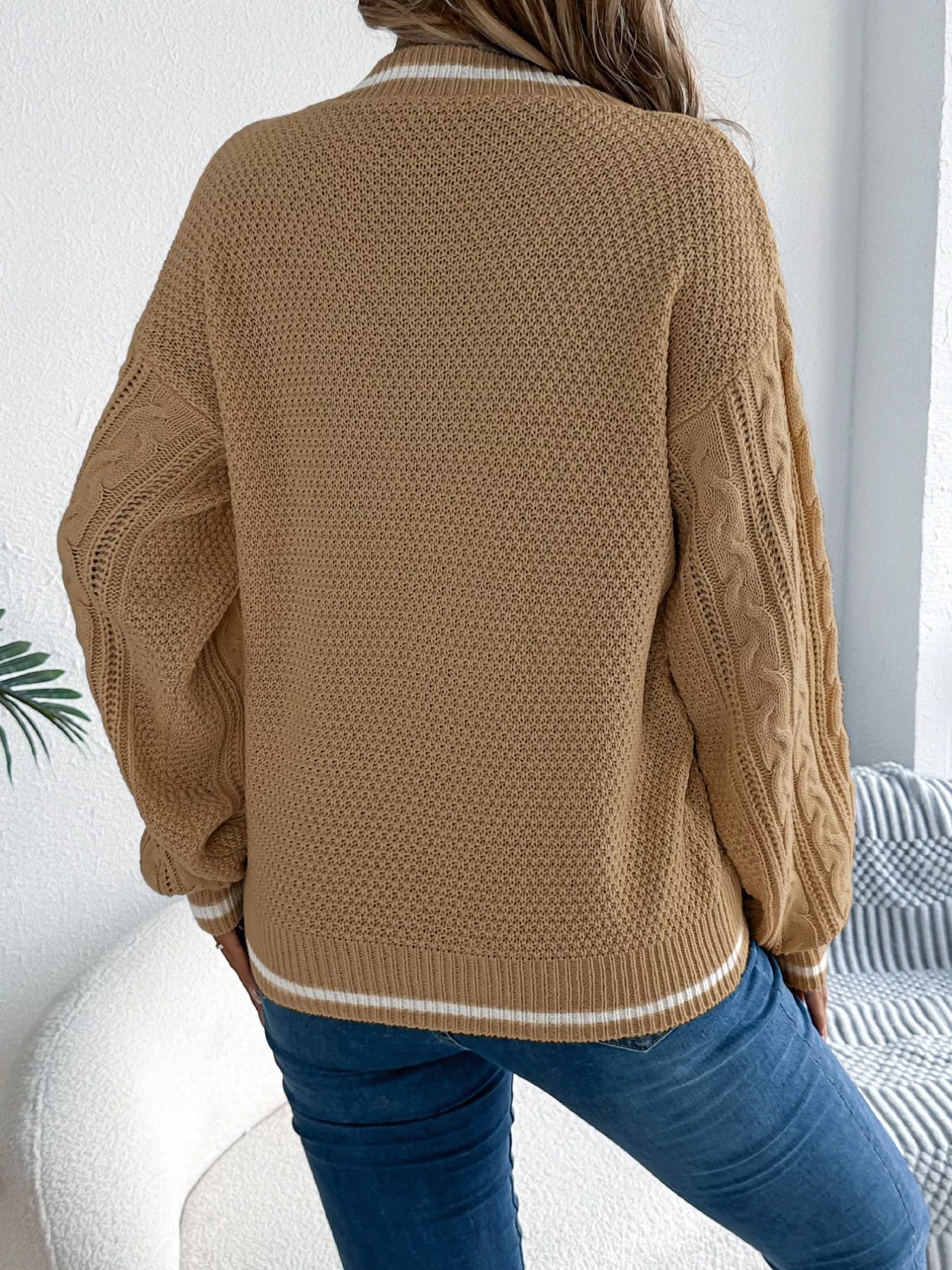 Cable Knit V-Neck Long Sleeve Sweater