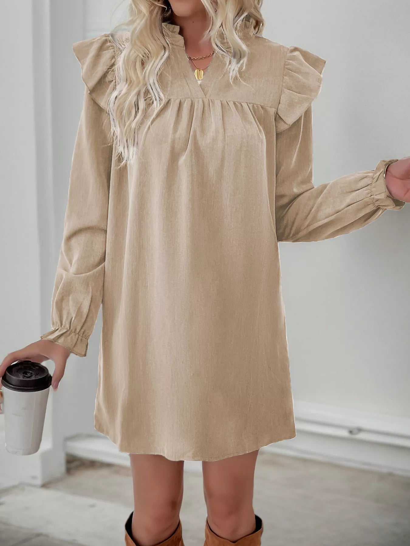 Ruffled Notched Flounce Sleeve Dress