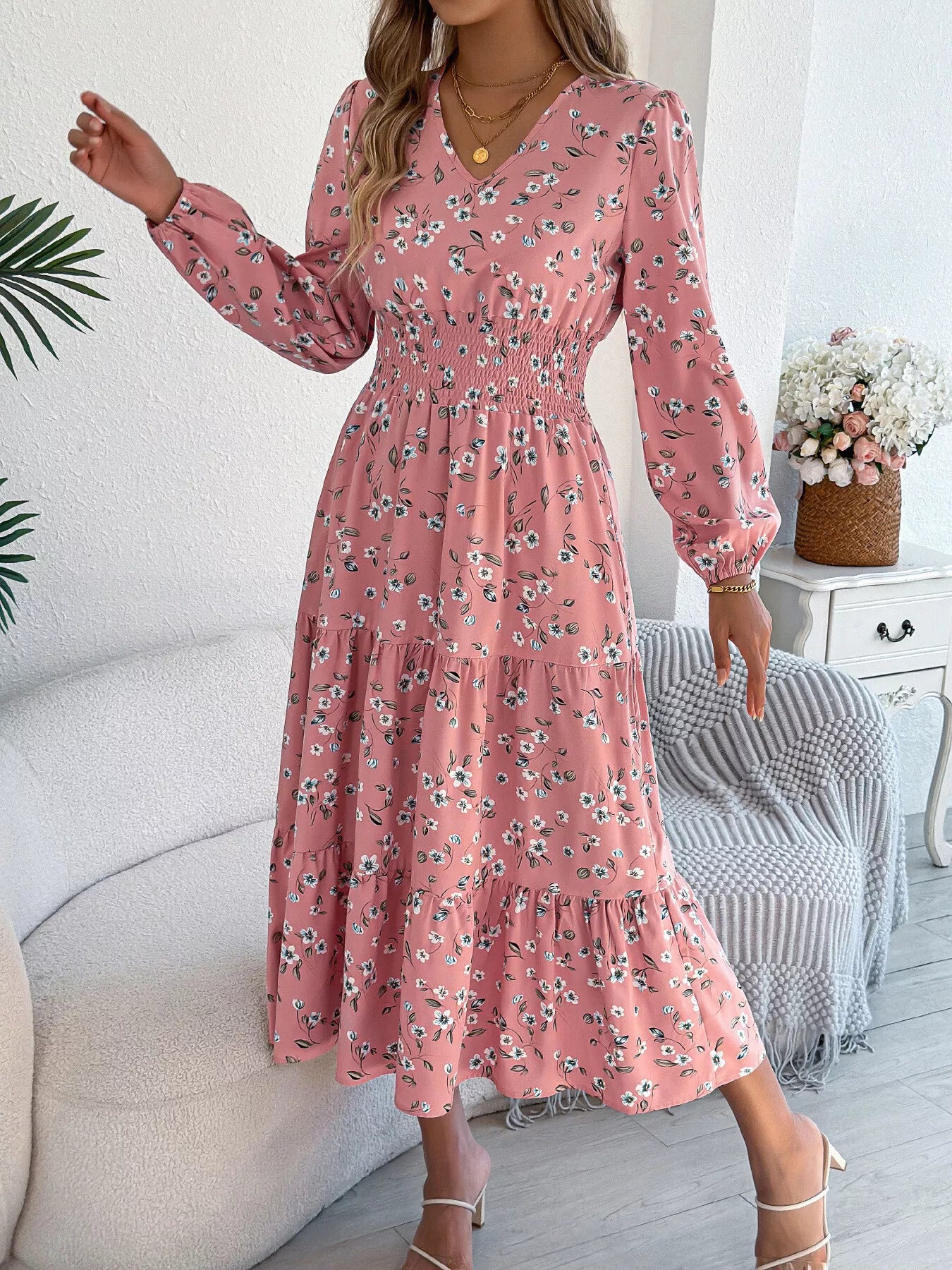 Floral Print Long Sleeve V-Neck Midi Dress
