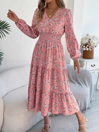 Floral Print Long Sleeve V-Neck Midi Dress