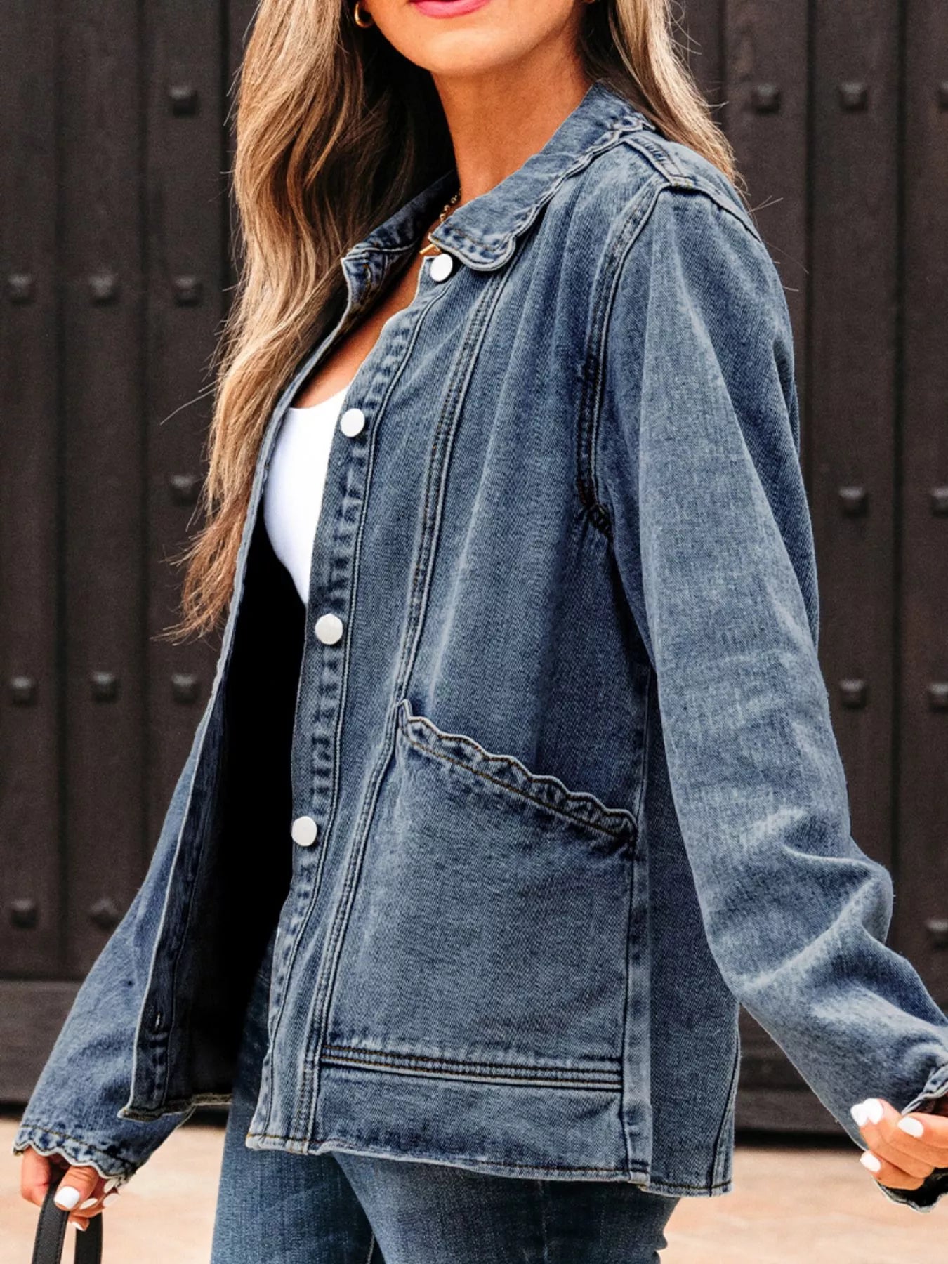 Scallop Trim Collar Patched Pocket Button Up Denim Jacket